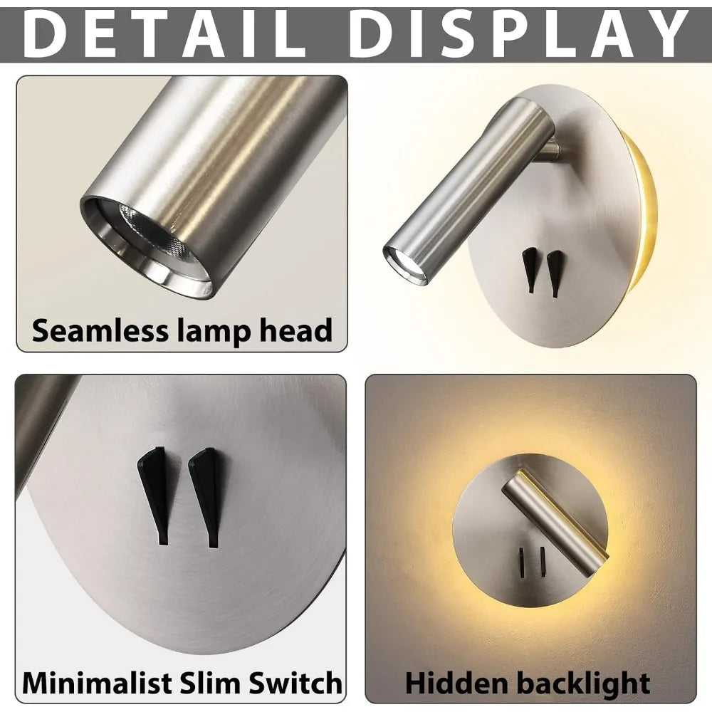 Modern Wall Mount Reading Light for Bedside with On-Off Switch, Brushed Nickel Sconce for Bedroom