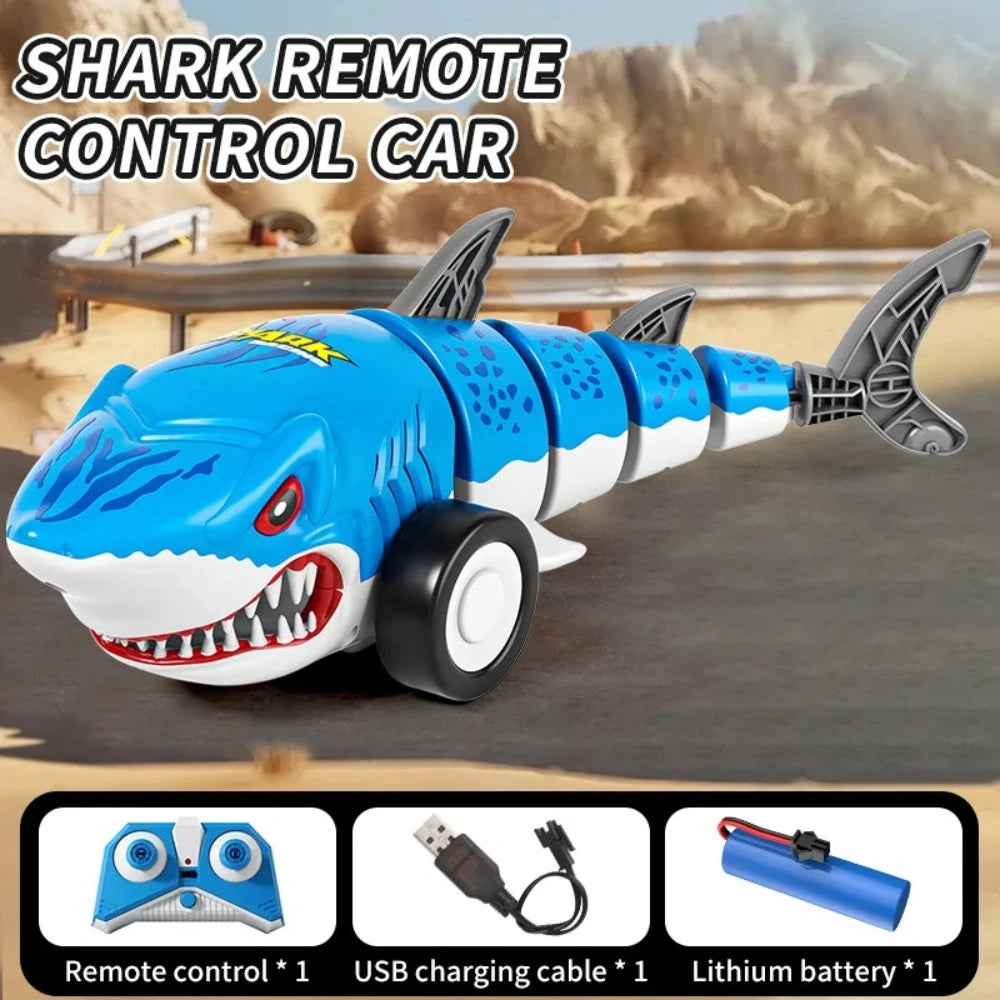 2.4G RC Shark Car Toy Rechargeable Electric Shark Remote Control Vehicle with LED Lights 4 Way Driving Birthday Gift