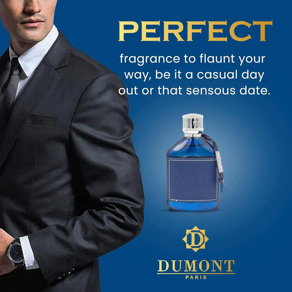 Dumont Nitro Blue 3.4 Oz Eau De Parfum Men – Fresh Aquatic Floral Woody Fragrance - Long