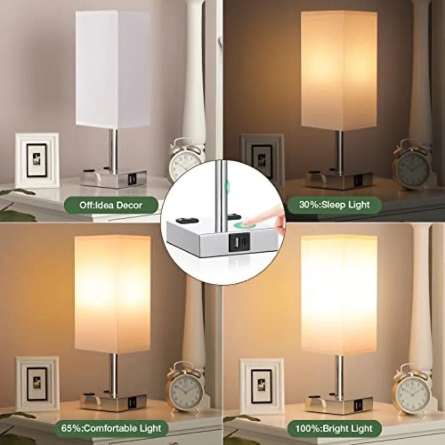 Touch Table Lamps Set of 2 for Bedroom - Dimmable, USB C+A, 2 AC Outlets 3-Way Dimming, 3000K LED Bulbs Included, Square White