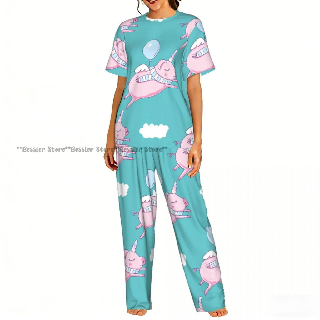 Women Pajama Sets Lounge Sleepwear Cartoon Pig Pink Background Short Sleeve Nightwear
