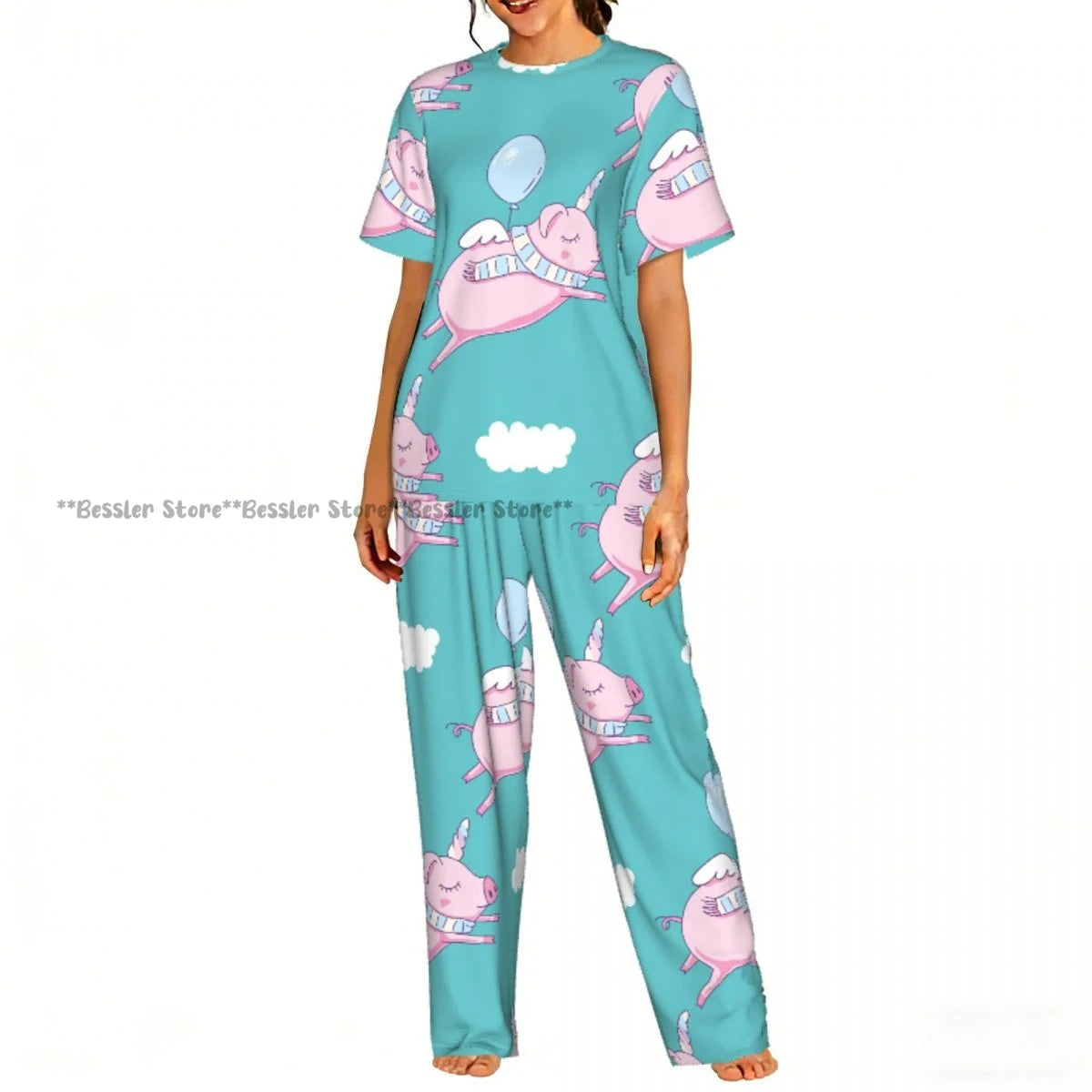 Women Pajama Sets Lounge Sleepwear Cartoon Pig Pink Background Short Sleeve Nightwear