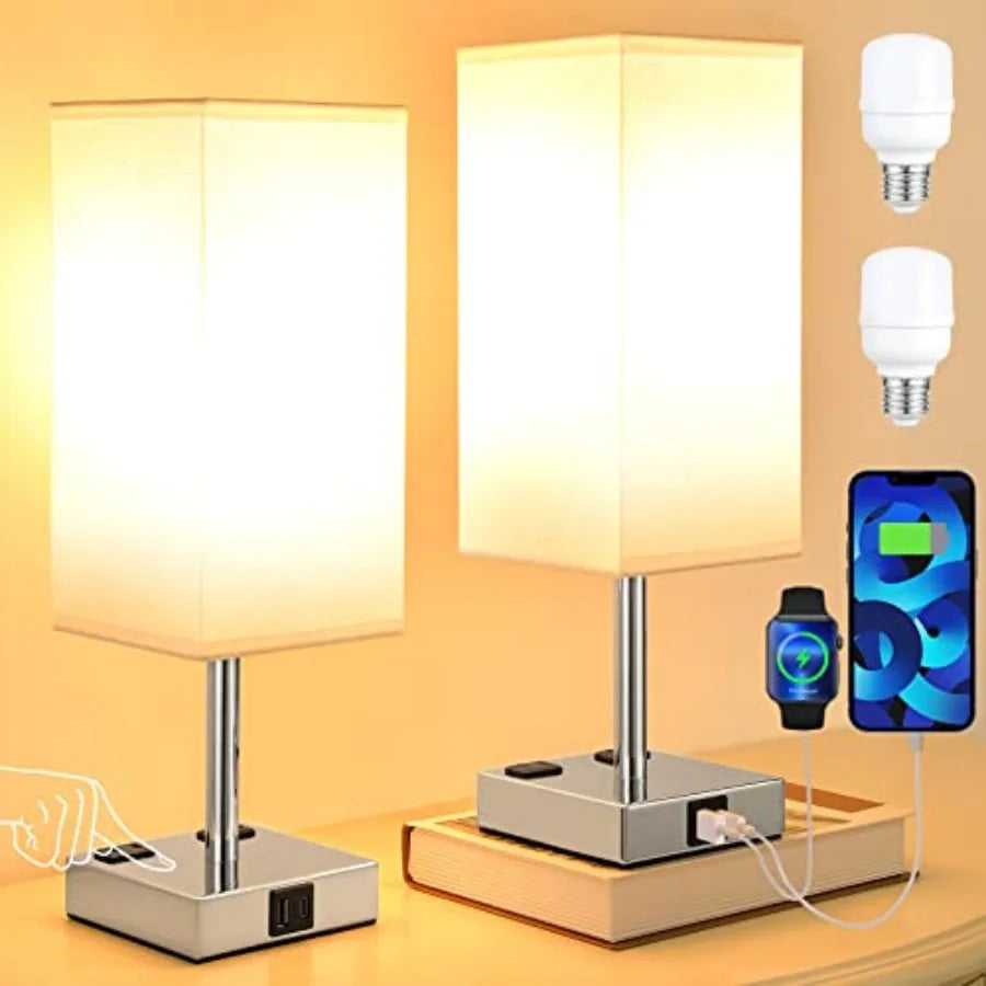 Touch Table Lamps Set of 2 for Bedroom - Dimmable, USB C+A, 2 AC Outlets 3-Way Dimming, 3000K LED Bulbs Included, Square White
