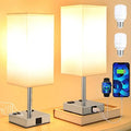 Touch Table Lamps Set of 2 for Bedroom - Dimmable, USB C+A, 2 AC Outlets 3-Way Dimming, 3000K LED Bulbs Included, Square White