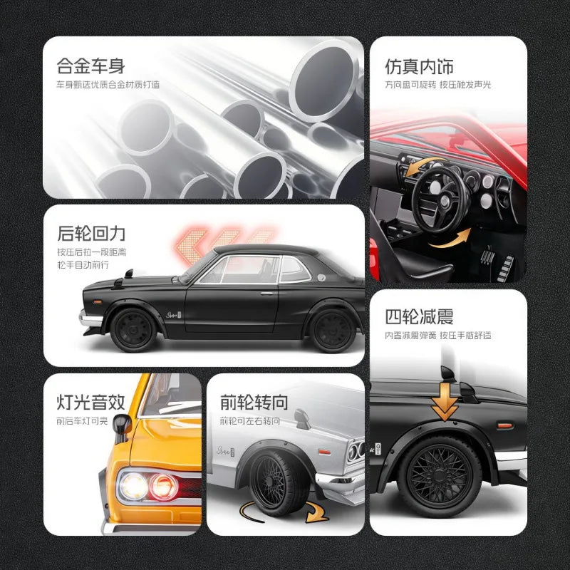 1:22 Nissan Skyline GT-R Hakosuka Diecast Alloy Model 4 Openable Parts Sound Light Pull Back for Car Collectors Hobby Display
