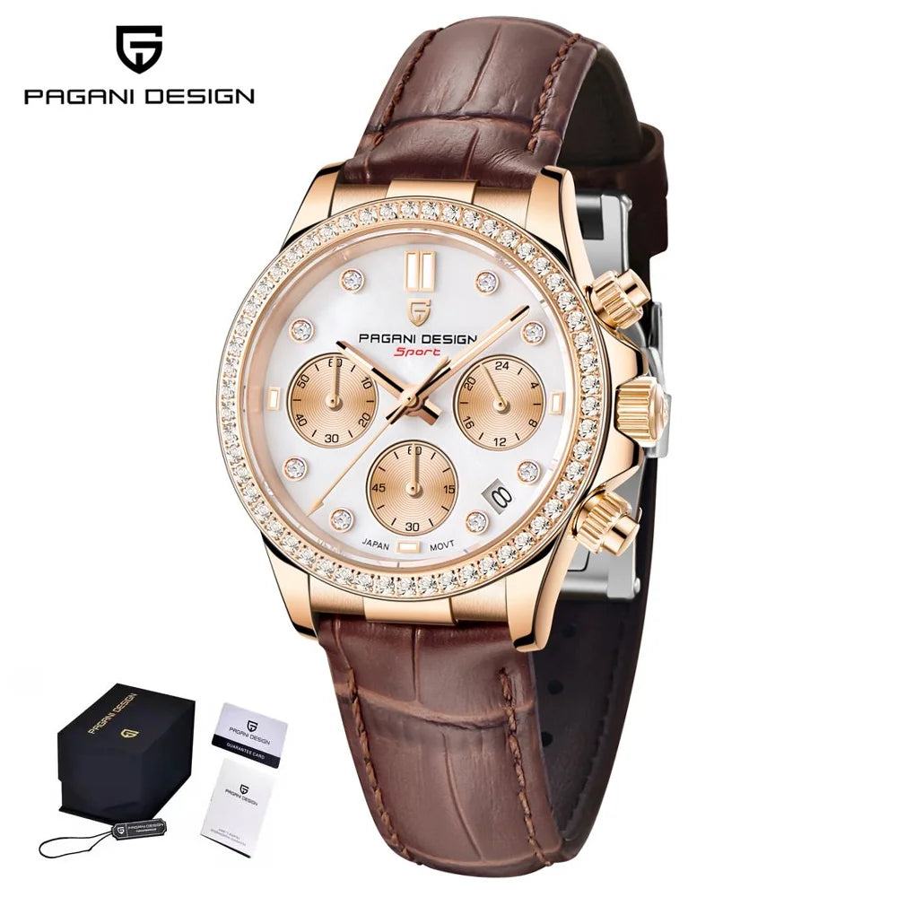 PAGANI DESIGN Women's Chronograph Quartz Watch Rose Gold Luxury Sapphire Stainless Steel Sport Elegant Women's Watch+Gift Box