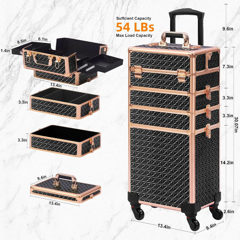Rolling Makeup Case Makeup Train Case With Lid 5 In 1 Cosmetology Case On Wheels Large Makeup Organizers Professional Cosmetic Case For Salon Barber Black Gold