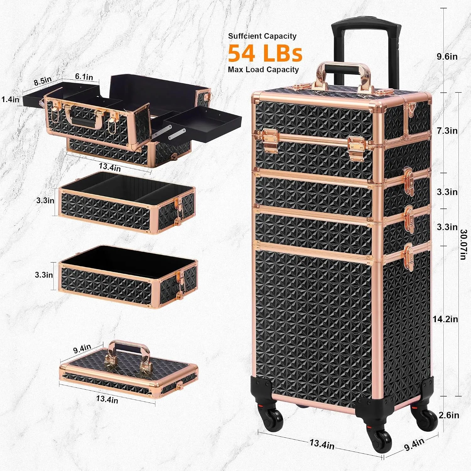 Rolling Makeup Case Makeup Train Case With Lid 5 In 1 Cosmetology Case On Wheels Large Makeup Organizers Professional Cosmetic Case For Salon Barber Black Gold