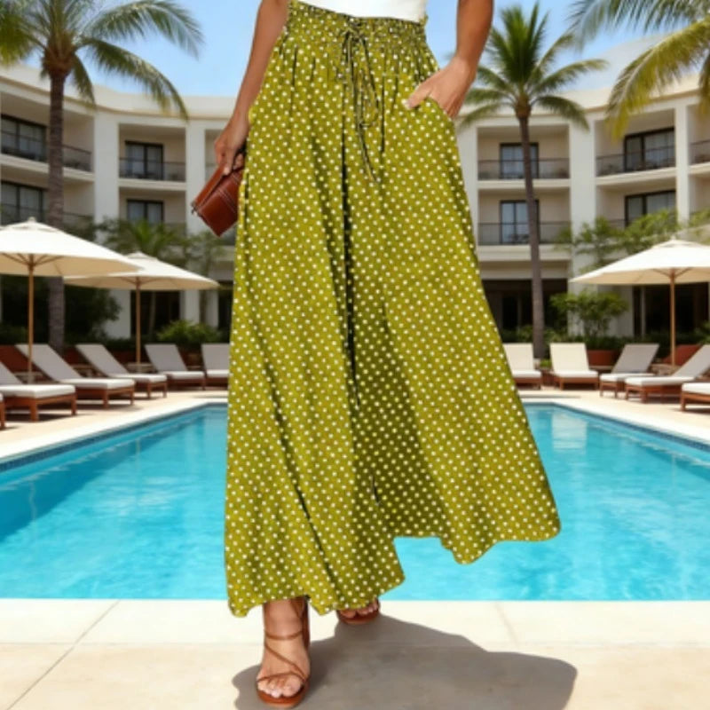 1pcs Bohemian Style Wide Leg Pants Elastic Waist Polka Dot Print Long Skirt Pants for Women