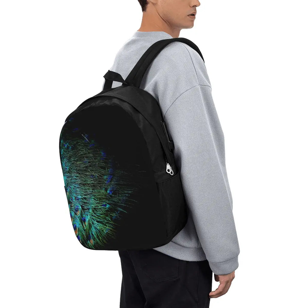 Peacock Feathers On A Black Background Backpack Travel Notebook Bag Computer College Student School Bag Laptop Shoulder Bags