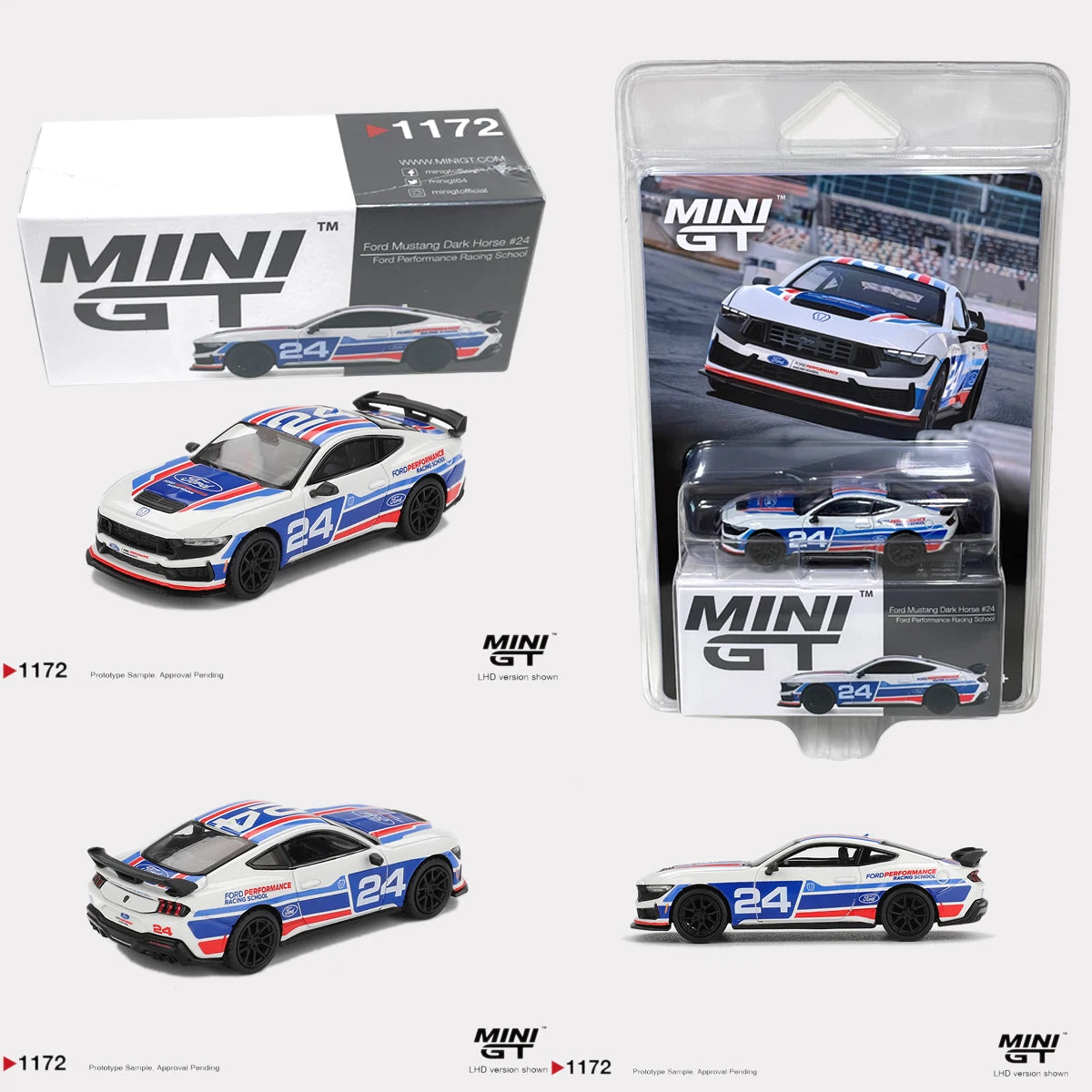 Ford Mustang MGT01172 in Stock 1:64 Dark Horse #24 Ford Performance Racing School Livery LHD Diecast Model Car MINI GT