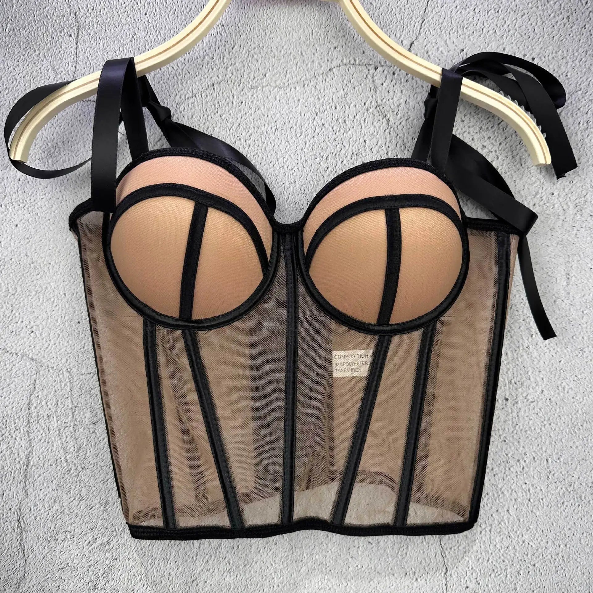 Mesh Transparent Contrasting Lines Women Bustie Sexy Bow Ribbon Ladies Corset Multi Colors Party Blackless Cropped Top Tank Top