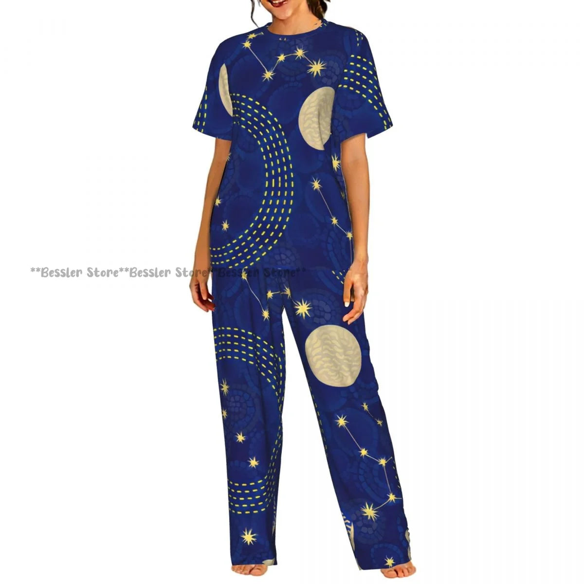 Women's Whales And Constellation Stars Watercolor short sleeve trousers casual pajamas set