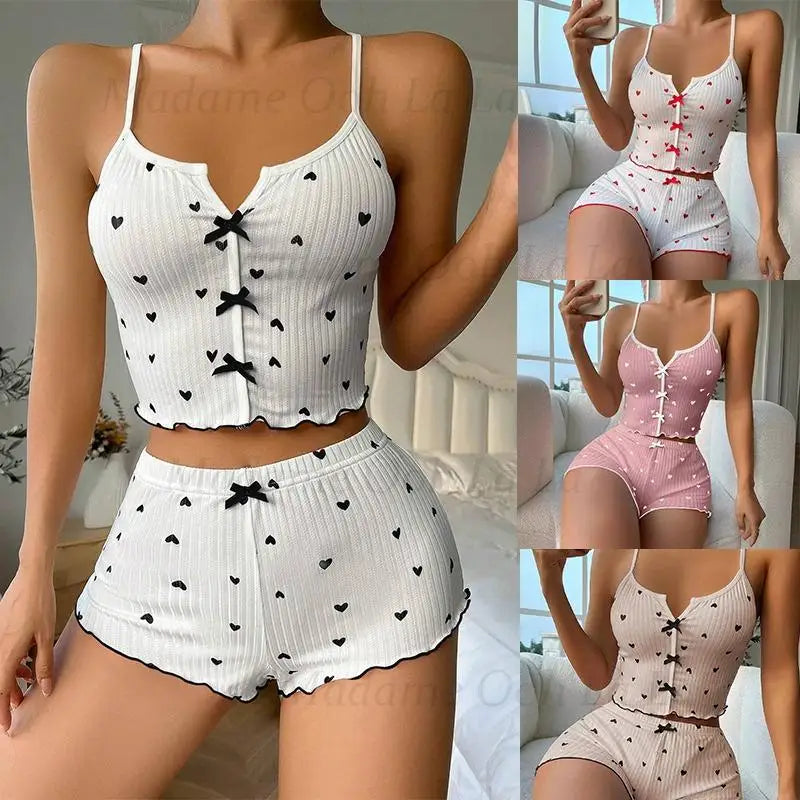 Sexy Heart Print Pajama Set for Women Sleepwear Silk Stain V-Neck Sleeveless Casual Cami Top and Shorts Sets Loungewear