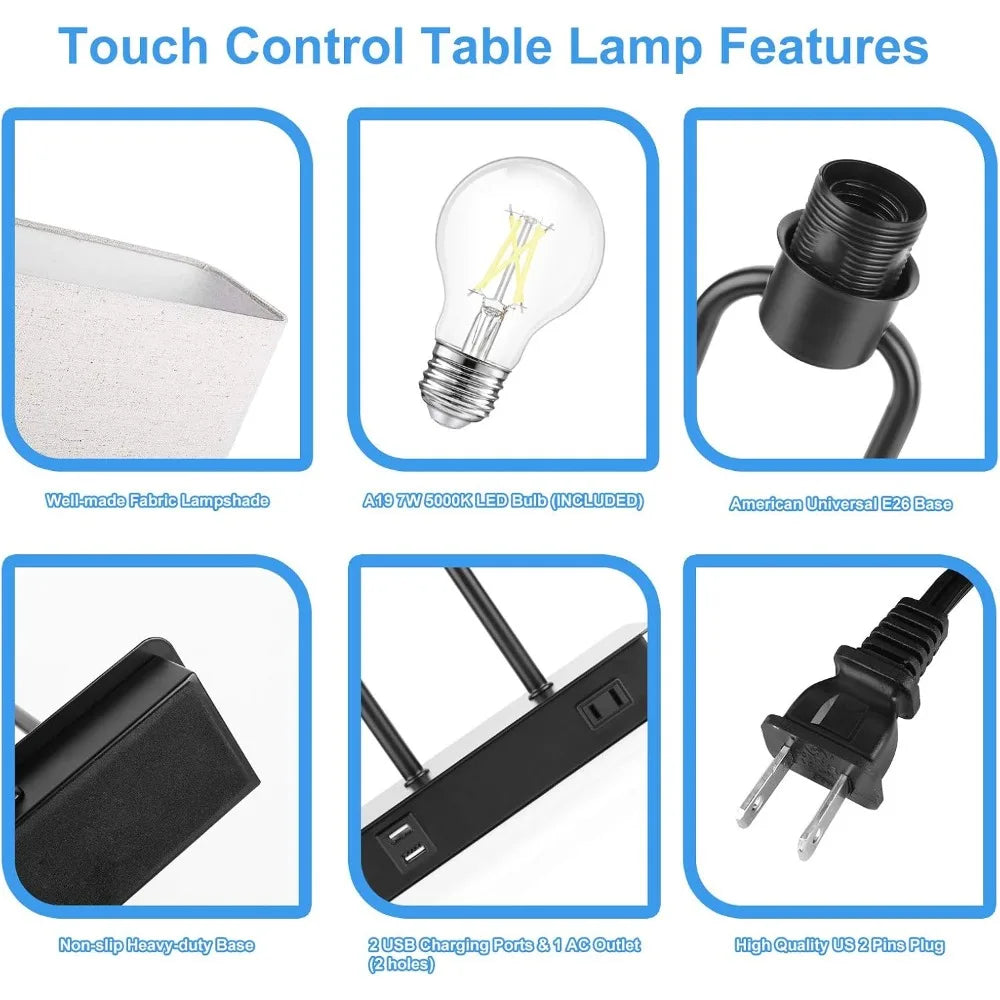 Touch Control Table Lamp with USB Charging Ports, 3-Way Dimmable, Modern Nightstand Lamp for Bedroom, Living Room, Office