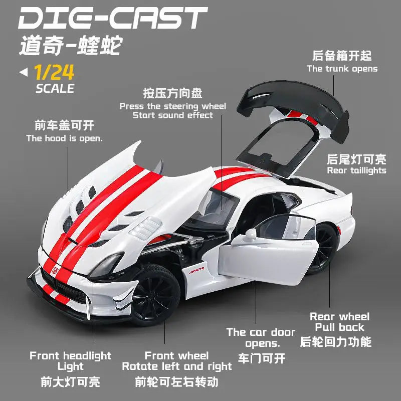 1:24 Scale Alloy Car Model For Dodge Viper Diecast Sports Car With Pull Back Sound Light Collectible Gift For Fans