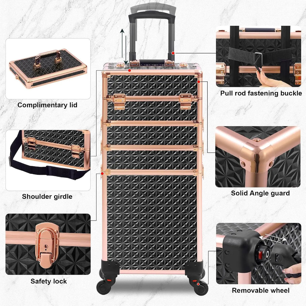 Rolling Makeup Case Makeup Train Case With Lid 5 In 1 Cosmetology Case On Wheels Large Makeup Organizers Professional Cosmetic Case For Salon Barber Black Gold