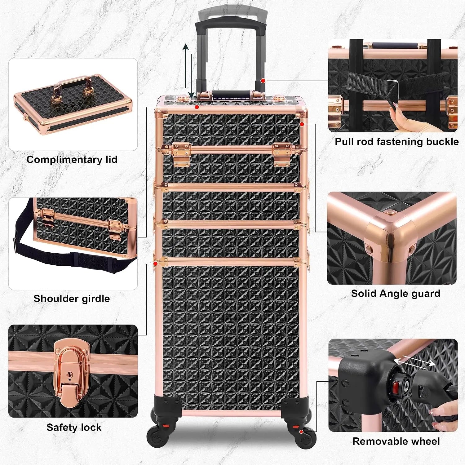 Rolling Makeup Case Makeup Train Case With Lid 5 In 1 Cosmetology Case On Wheels Large Makeup Organizers Professional Cosmetic Case For Salon Barber Black Gold