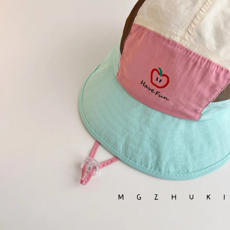 Summer Kids Thin Bucket Hat Quick-Dry UV Protection Sun Hat 1-5Y Boys Girls Cartoon Macaron Color Block Double Brim Outd