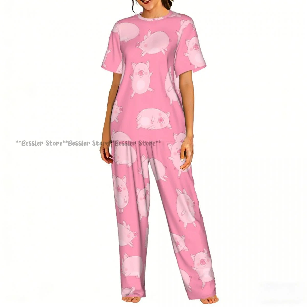 Women Pajama Sets Lounge Sleepwear Cartoon Pig Pink Background Short Sleeve Nightwear