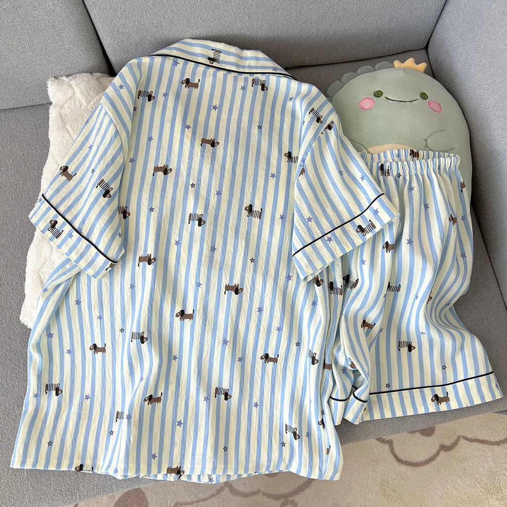 Women's Summer Pajamas, Thin Striped Puppy Pattern Short-Sleeved Shorts, Sweet and Cute, Can Be Worn Outside in Summer Home Wear