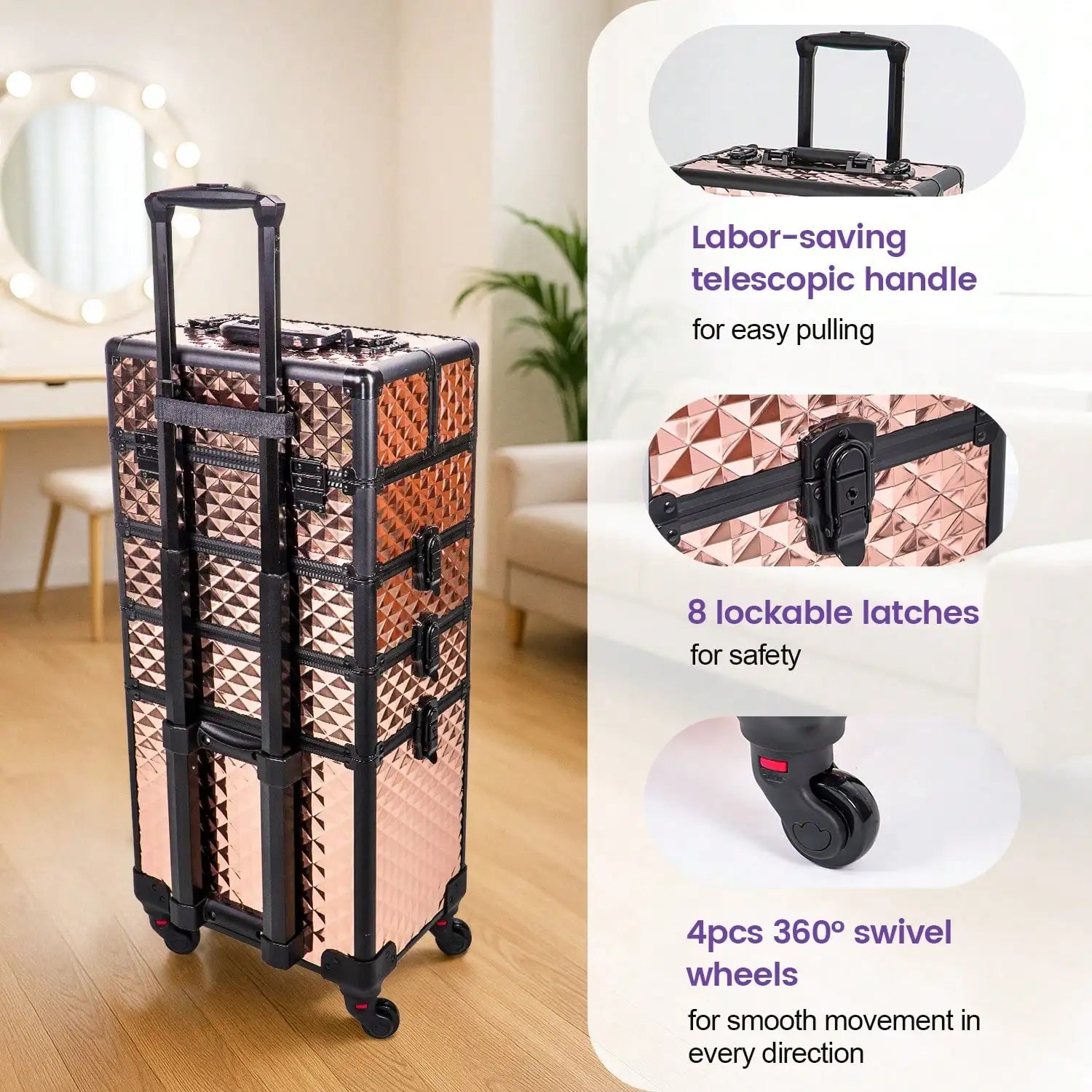 Rolling Makeup Train Case 4 in 1 Cosmetology Case on Wheels, Large Storage Cosmetic Trolley with Key Lock, Professional Makeup Travel Organizer for Salon Barber Nail Tech, Black