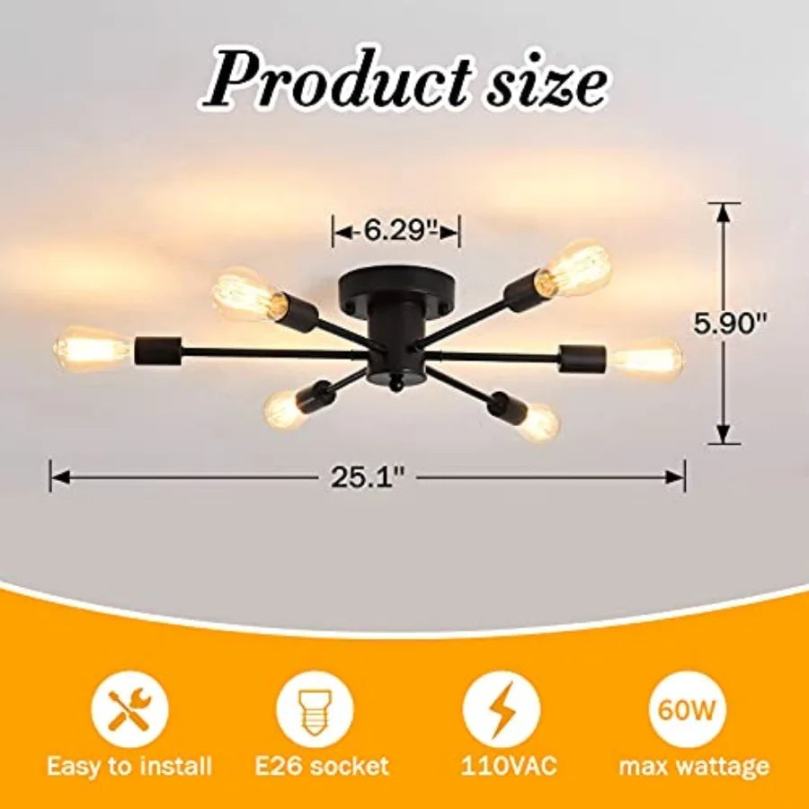 6 Lights Sputnik Semi Flush Mount Ceiling Light Matte Black Modern Edison Chandelier Industrial Close to Ceiling Light for Farm