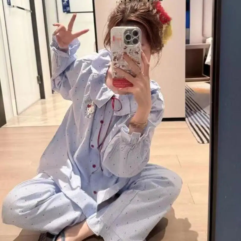 Fashionable Cute Girl Doll Collar Pajamas Cartoon Anime Student Lace Long Sleeved Pant Home Clothe Two-Piece Set Sweat Absorbing