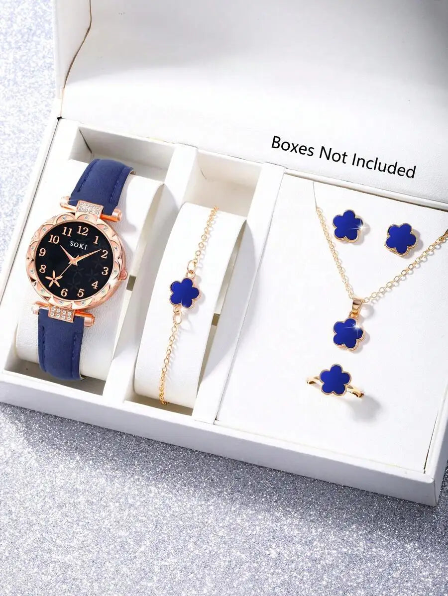 Mother's Day Ladies Watch 6pcs Ladies Fashionable Casual Quartz Watch And Minimalist & Fashionable Five Petals Flower Necklace