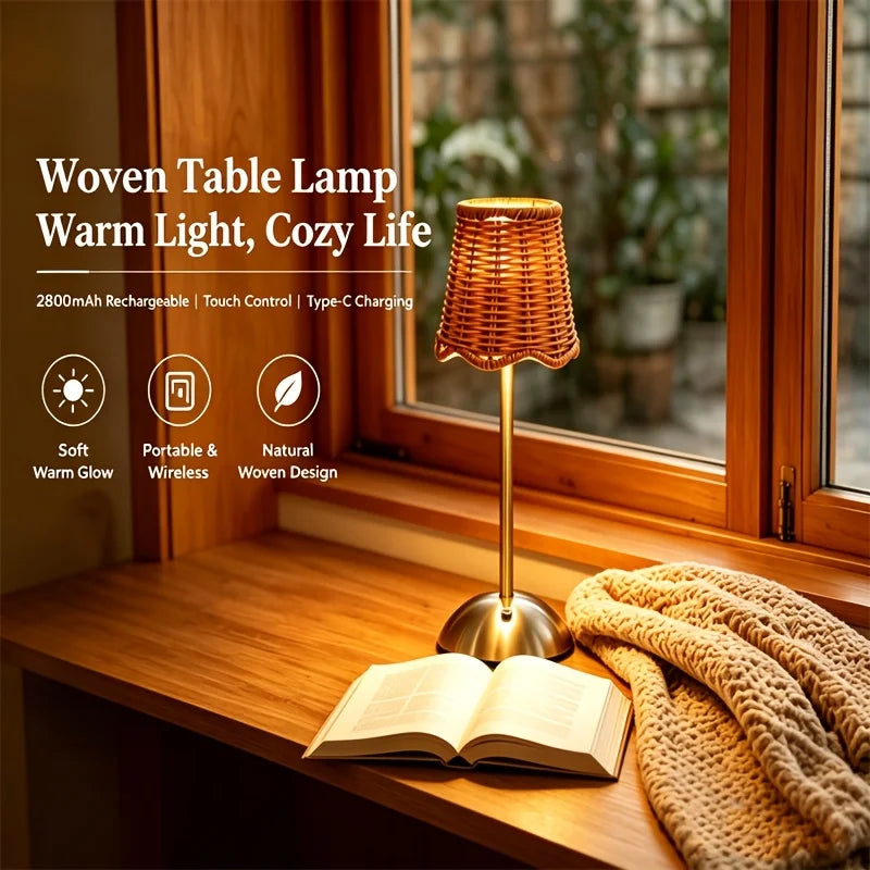 Bohemian Woven Rattan Art Table Lamp, 3-Level Dimmable Design with Touch Control And USB Power Supply. Made of Metal Material, Suitable for Lighting in Bedroom, Living Room, Study And Dining Room. A Great Gift Choice for Family And Friends