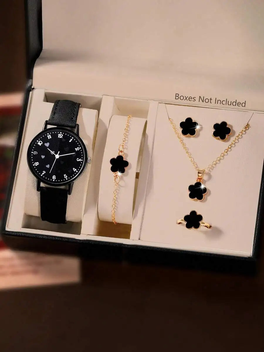 Mother's Day Ladies Watch 6pcs Ladies Fashionable Casual Quartz Watch And Minimalist & Fashionable Five Petals Flower Necklace