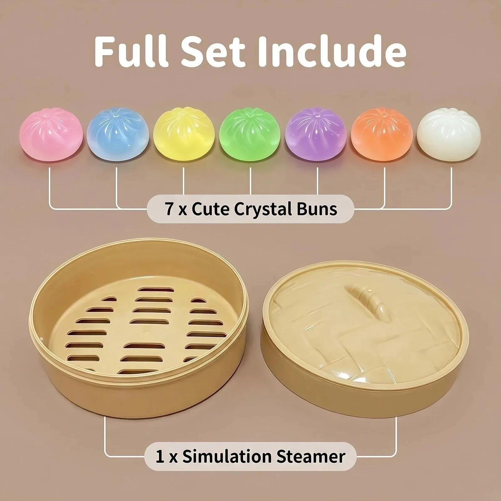 7PC Mini Dumplings with Steamer un Squeezable Toys Set Fidget Sensory Squeeze Ball Simulation Food Bun Kawaii Cute Soft Gift