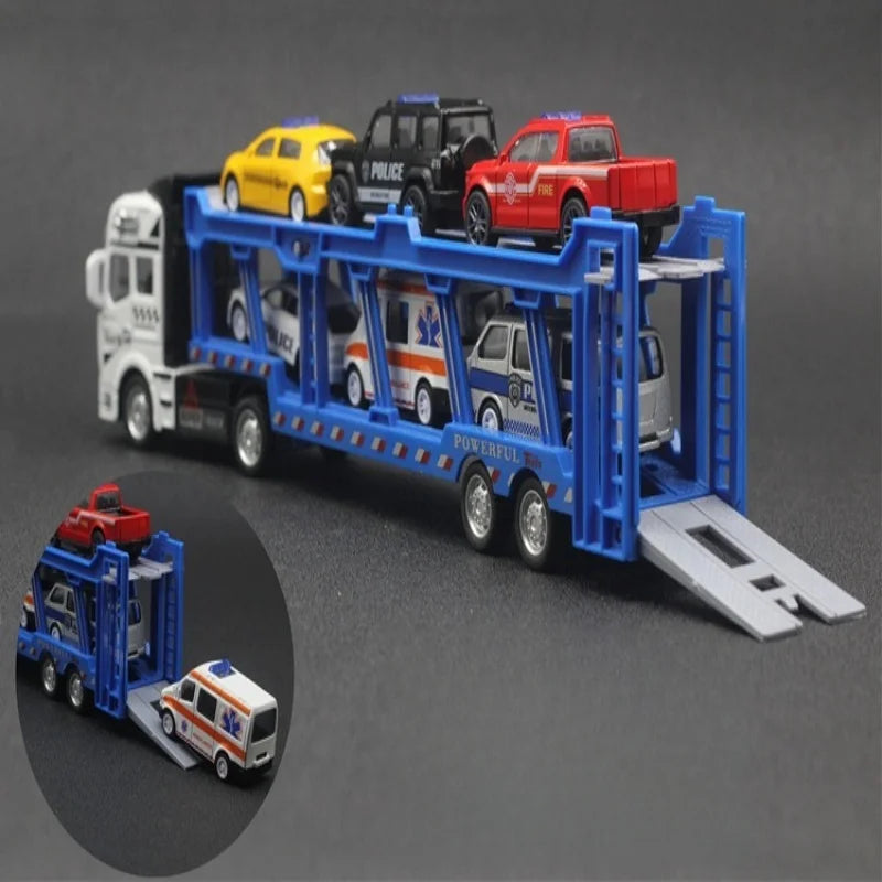An alloy double-layer transportation vehicle comes with 6 police car sets, a large truck model, with braking function, shock-res