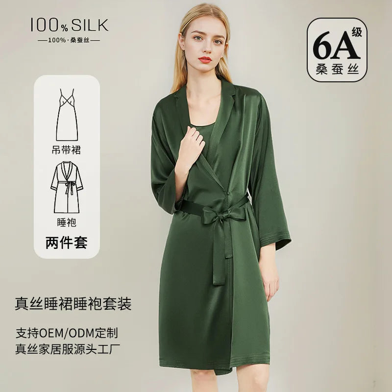 Women Elegant 100% Mulberry Silk Nightdress Robe 2 Piece Set All Season Luxury Gift Loungewear