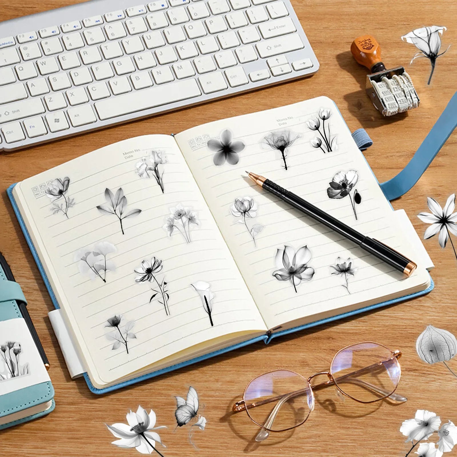 50PCS Black and White Transparent Flowers Graffiti Sticker Flowers Cartoon PET Decal Cup Notebook Phone Guitar Fridge Kid Toys