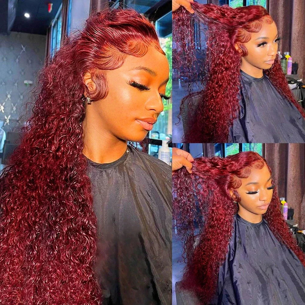 99J Burgundy Colored Deep Wave 200 Density 13x6 Transparent Lace Frontal Human Hair Wigs 44 46 Inch 13x4 HD Full Lace Front Wigs