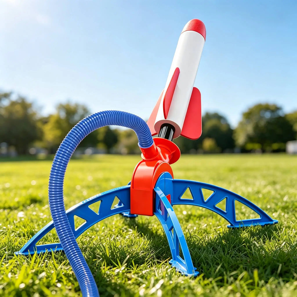 Outdoor rocket kit, equipped with 3 rocket launchers with lights, pneumatic jump launchers, and picnic hand components