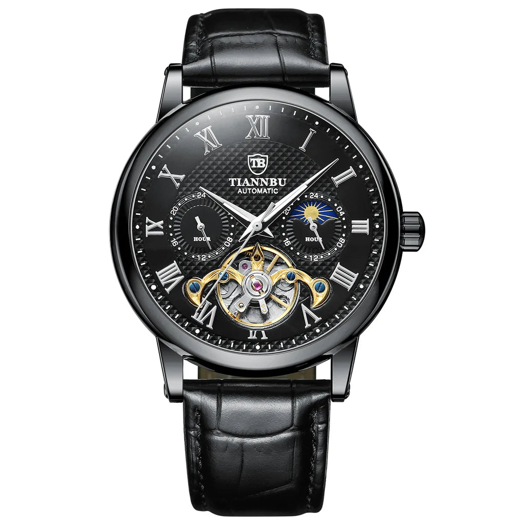 Automatic Mechanical Men's Watch with Luminous Hand Leather Band Waterproof Fashion and Sporty Style Sun Pattern High Quality
