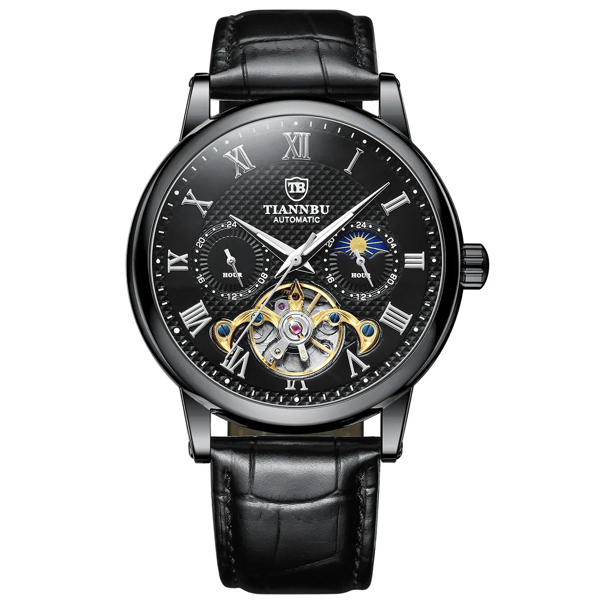 Automatic Mechanical Men's Watch with Luminous Hand Leather Band Waterproof Fashion and Sporty Style Sun Pattern High Quality