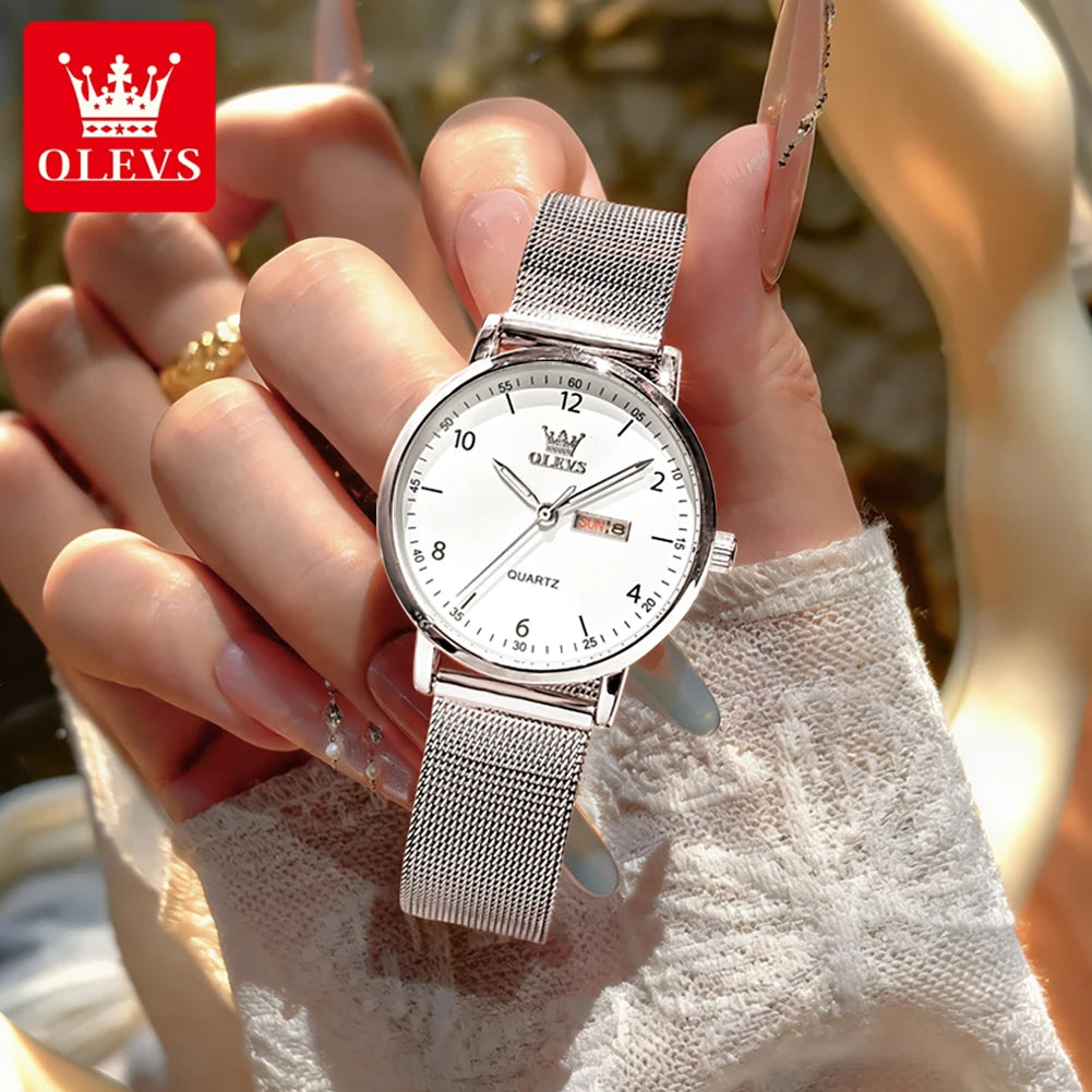 OLEVS 2996 Women Watches Original Elegant Slim Quartz Watch Waterproof Dual Calendar Display Watches For Woman Gift Box Reloj