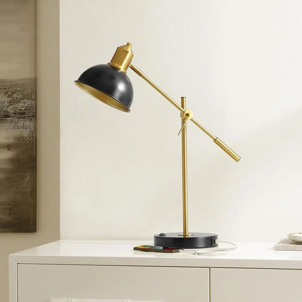 24-inch Adjustable Table Lamp with USB Port, Black/Brass Finish, Perfect for Living Spaces and Offices (LED Bulb Included)