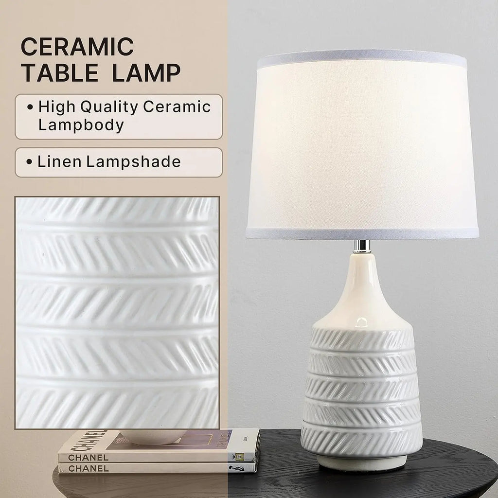 Set of 2 White Ceramic Table Lamps, 18.5" Modern Bedside Lamps for Night Stands, Farmhouse Decor with LED Bulbs