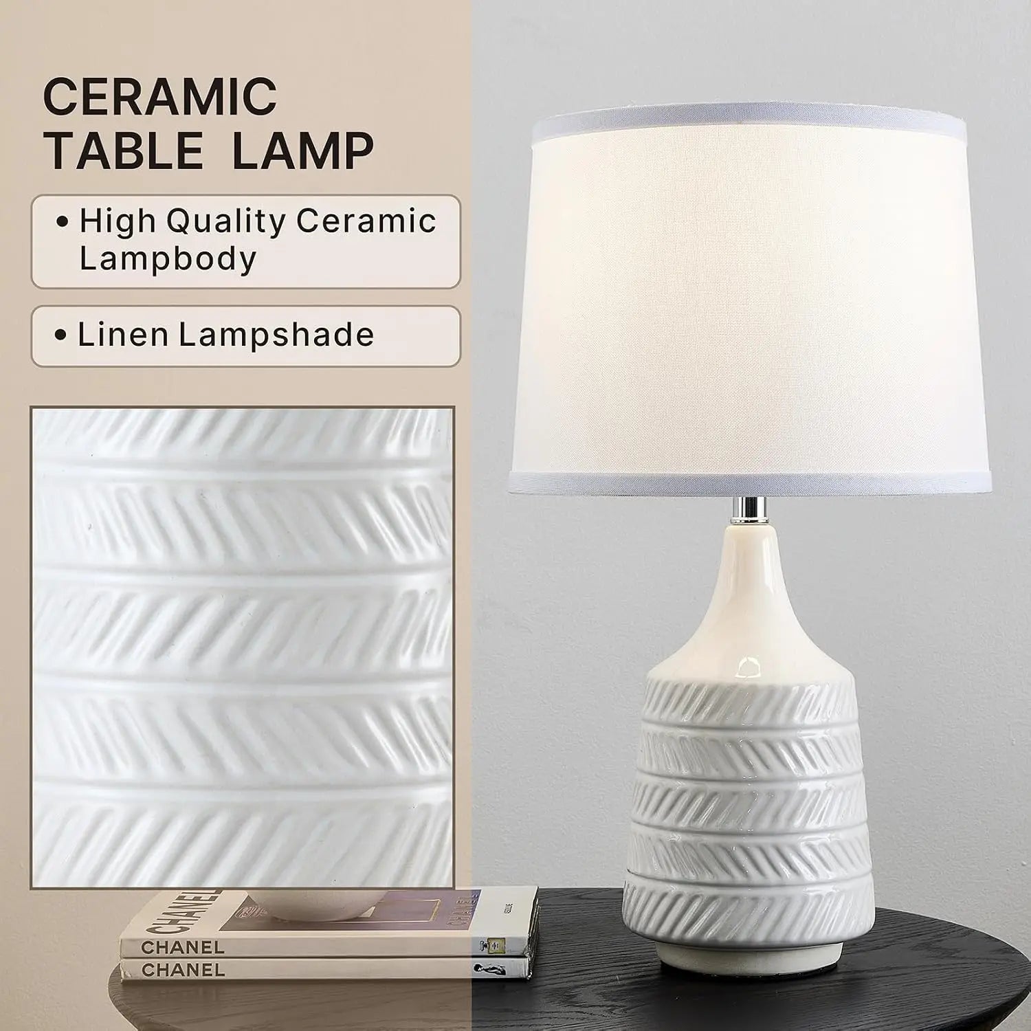 Set of 2 White Ceramic Table Lamps, 18.5" Modern Bedside Lamps for Night Stands, Farmhouse Decor with LED Bulbs