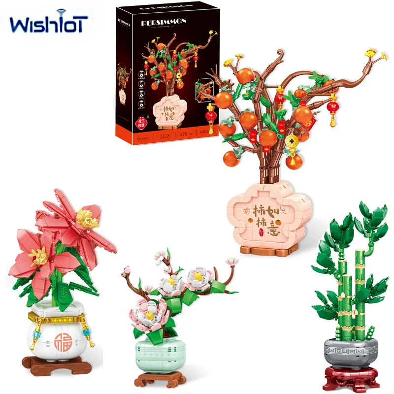 Simulated Persimmon/Flower/Bamboo Model Building Blocks Chinese-style Potted Plant Assembled Room Decoration DIY Mini Bricks Toy