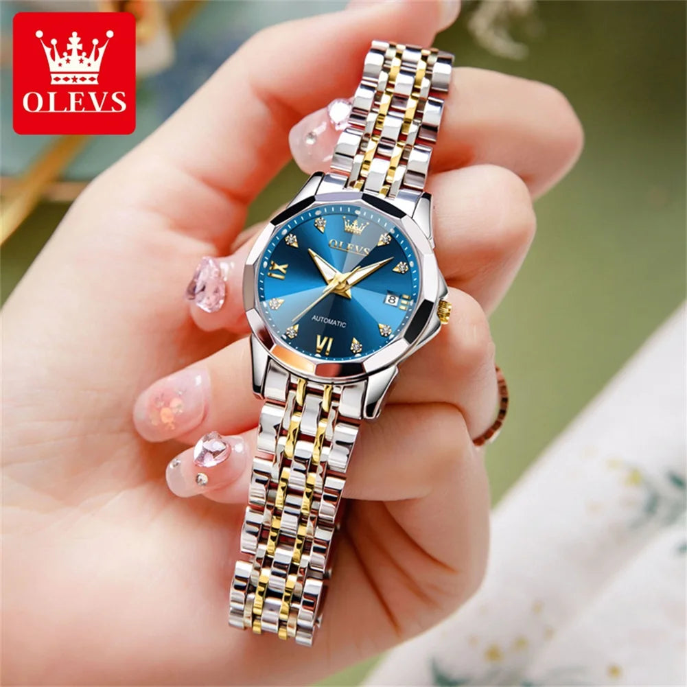OLEVS Women's Watches Trend Elegant Sparkling Shining Diamond Scale Original Automatic Mechanical Wristwatch for Lady Waterproof