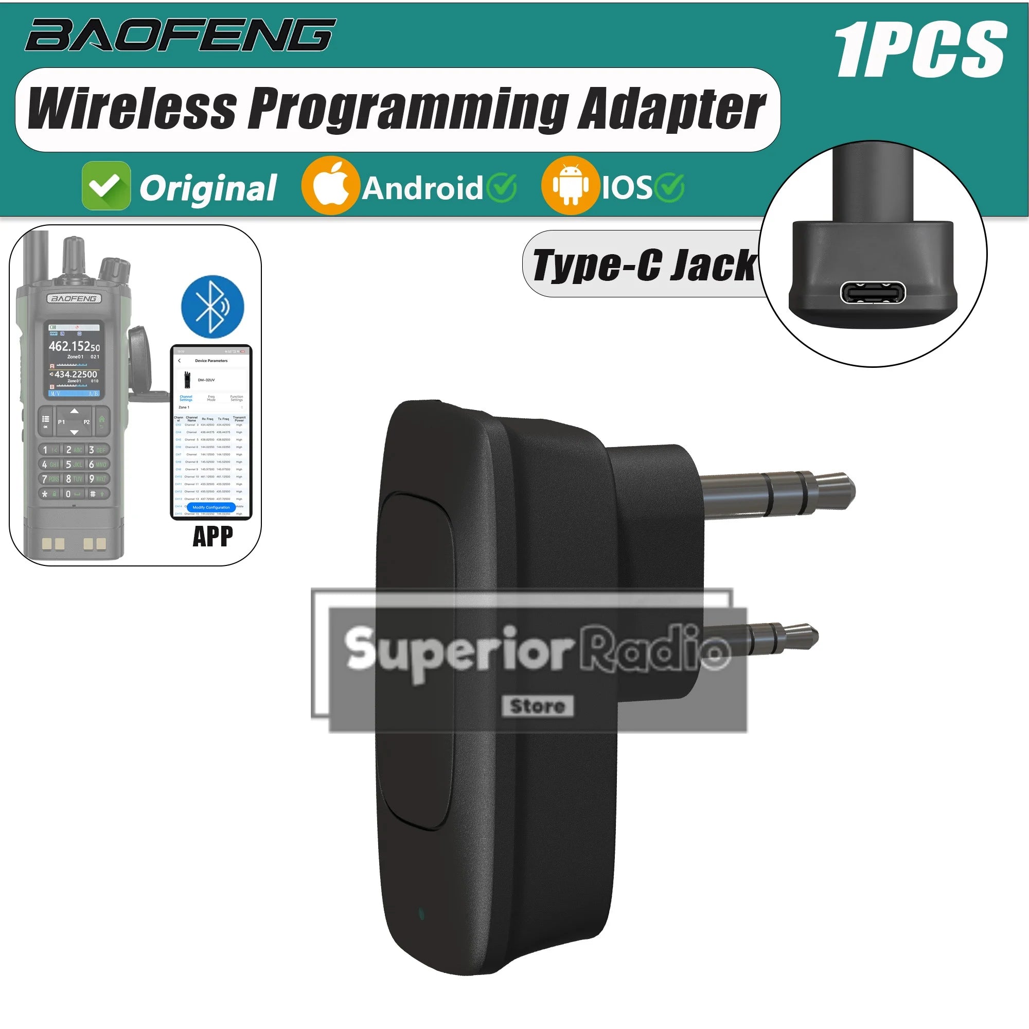 Walkie Talkie Bluetooth Wireless Programmer Plug & Play No Driver Issue Phone APP Programming for Baofeng DM-32 UV-5R BF-T20D