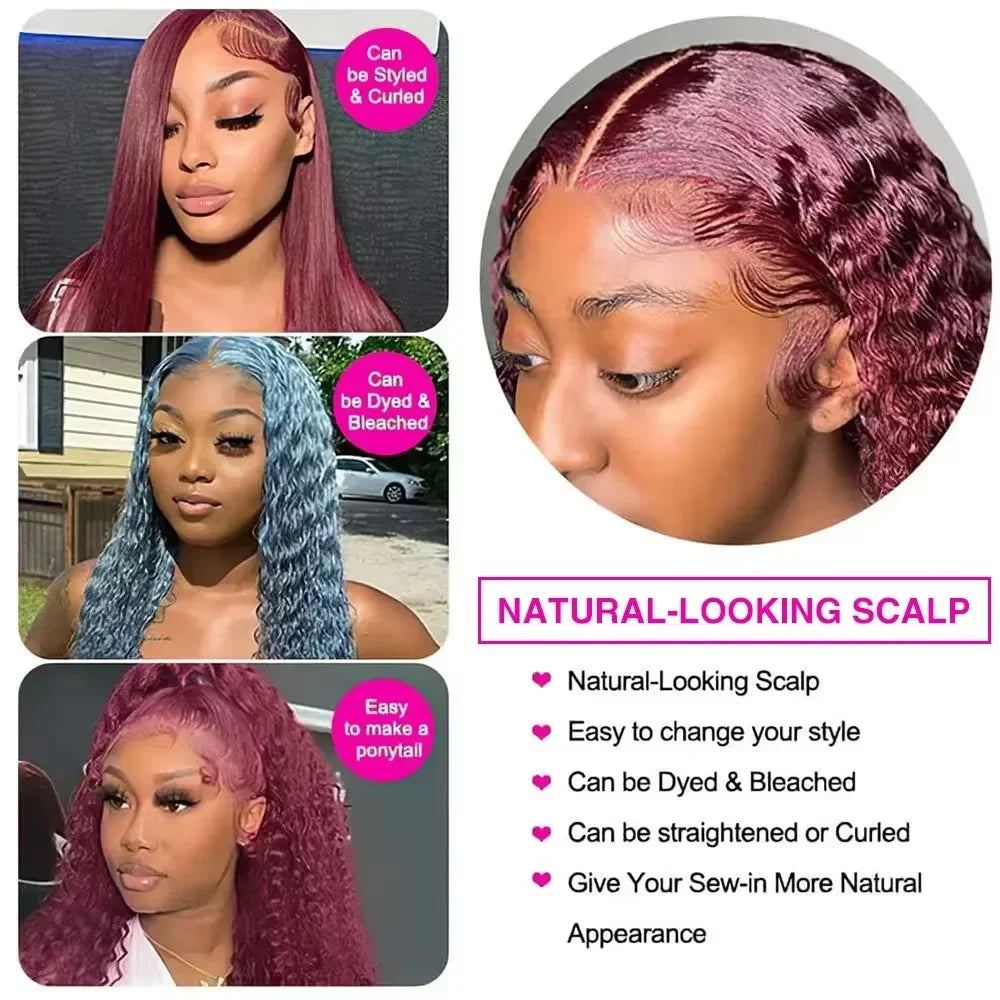 99J Burgundy Red Bone Straight Human Hair Wig 13x6 13x4 HD Transparent Lace Front Wig 200% Density 30 40 Inches Brazilian Cuticle Aligned Remy Hair Pre Plucked Baby Hair Glueless Wig Natural Hairline Soft Silky Long Wigs for Women Daily Party Wear