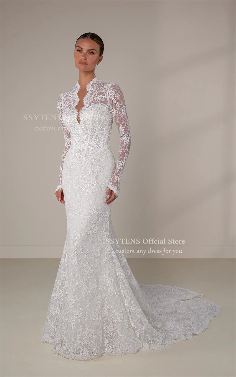 SSYTENS Luxury Lace Wedding Dresses Long Sleeves V Neck Bride Dress Detachable Bow Train Sheath Mermaid Bridal Gowns Customised