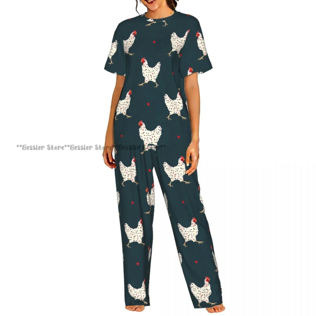 Women's 2-piece set Cartoon Chicken Pattern Pajamas Short sleeved Top and Pants Sleepwear