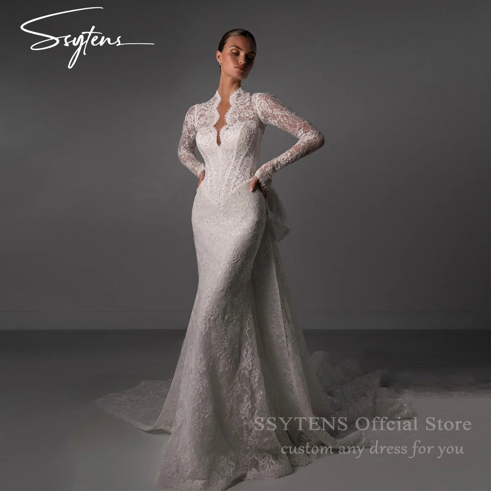 SSYTENS Luxury Lace Wedding Dresses Long Sleeves V Neck Bride Dress Detachable Bow Train Sheath Mermaid Bridal Gowns Customised